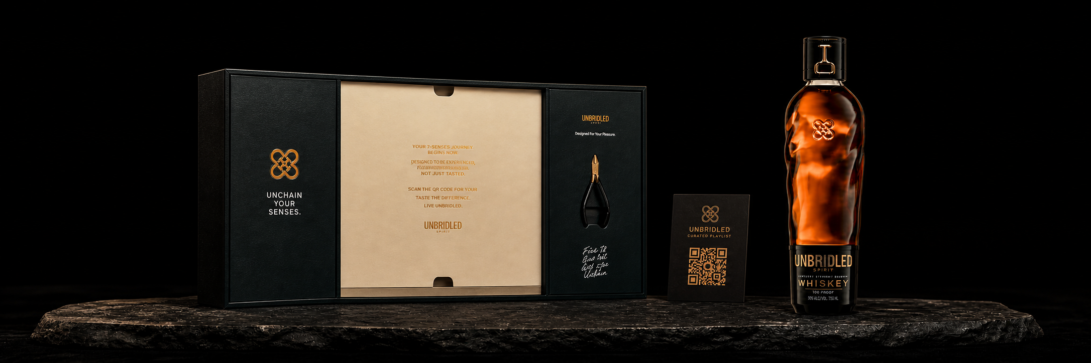 UNBRIDLED Multi-Sensory Experience Box, bourbon bottle, and curated playlist QR access card